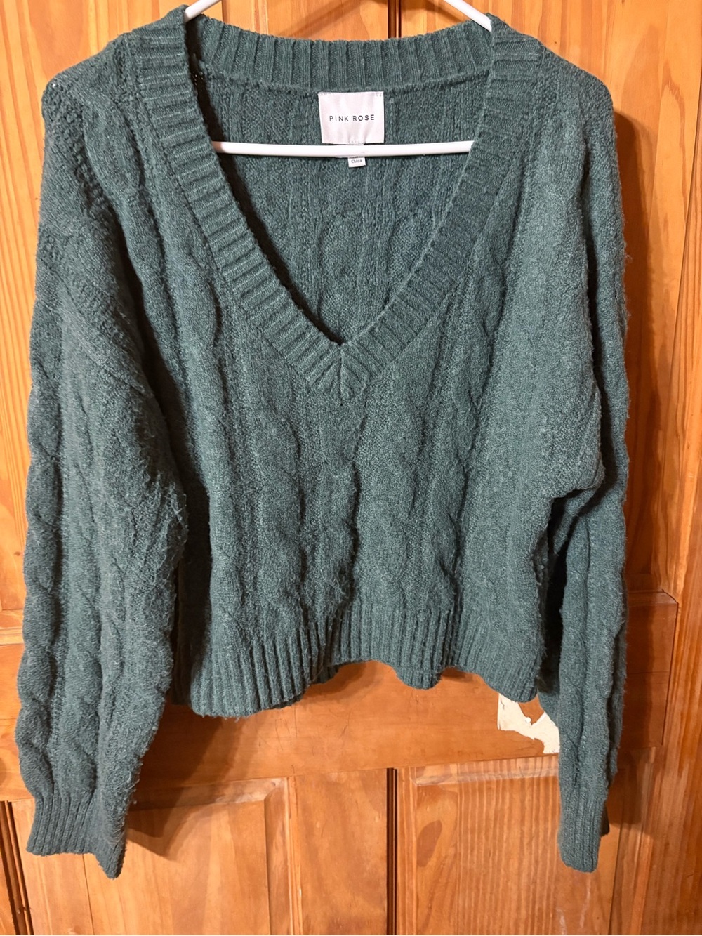 Pink Rose Women's Dark Teal V-Neck Cable Knit Sweater